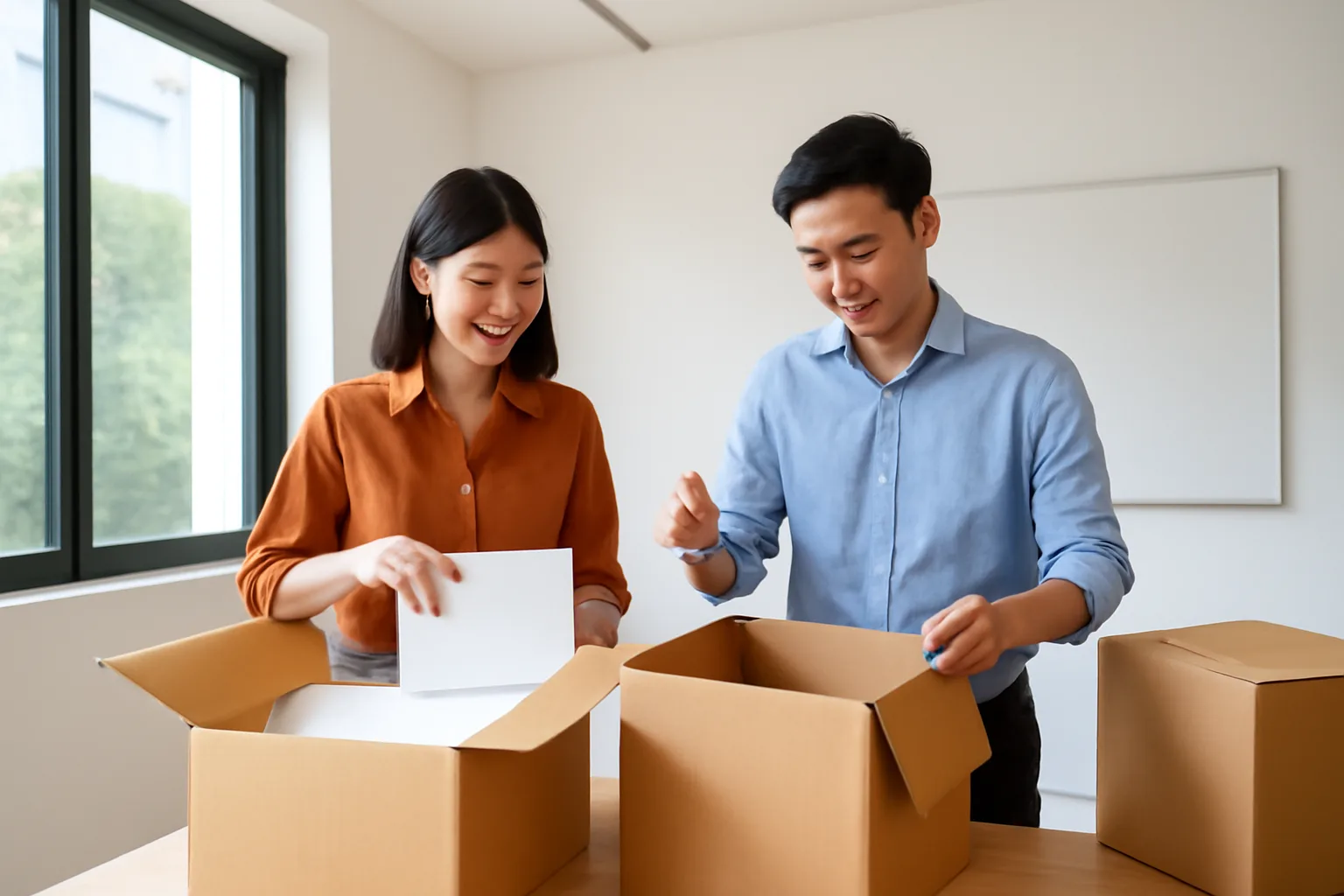 Hai nhà sáng lập trẻ sắp xếp hồ sơ thành lập công ty trong văn phòng mới còn thùng các-tông