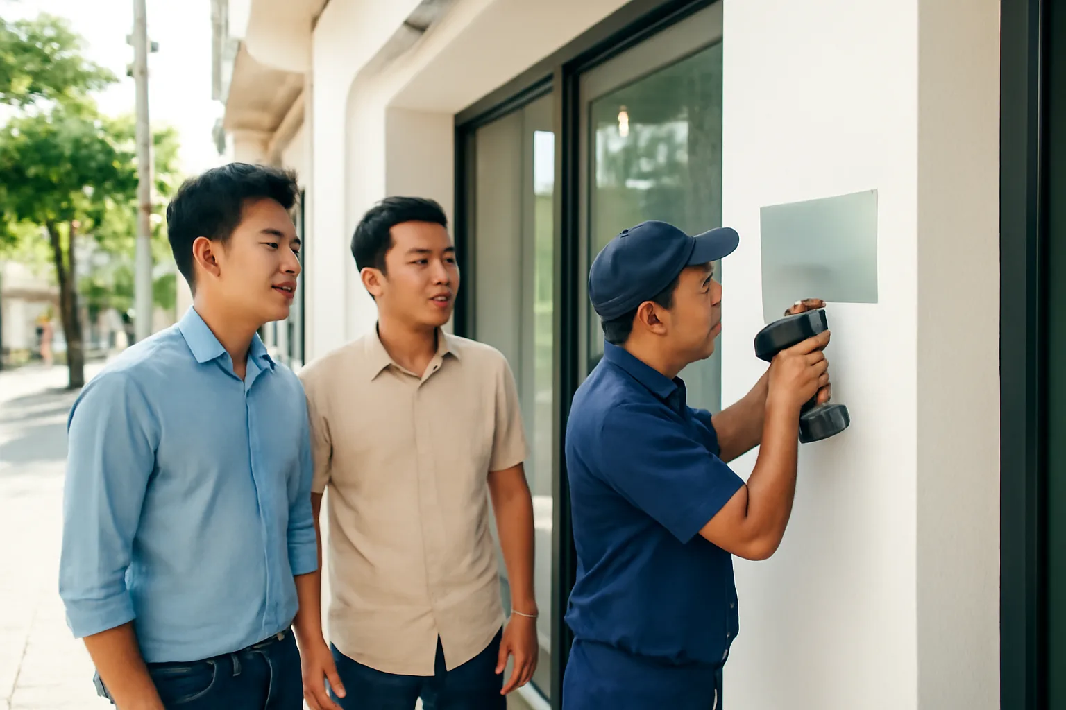 Hai người sáng lập đứng trước cửa văn phòng mới lắp biển tên công ty trong khu phố