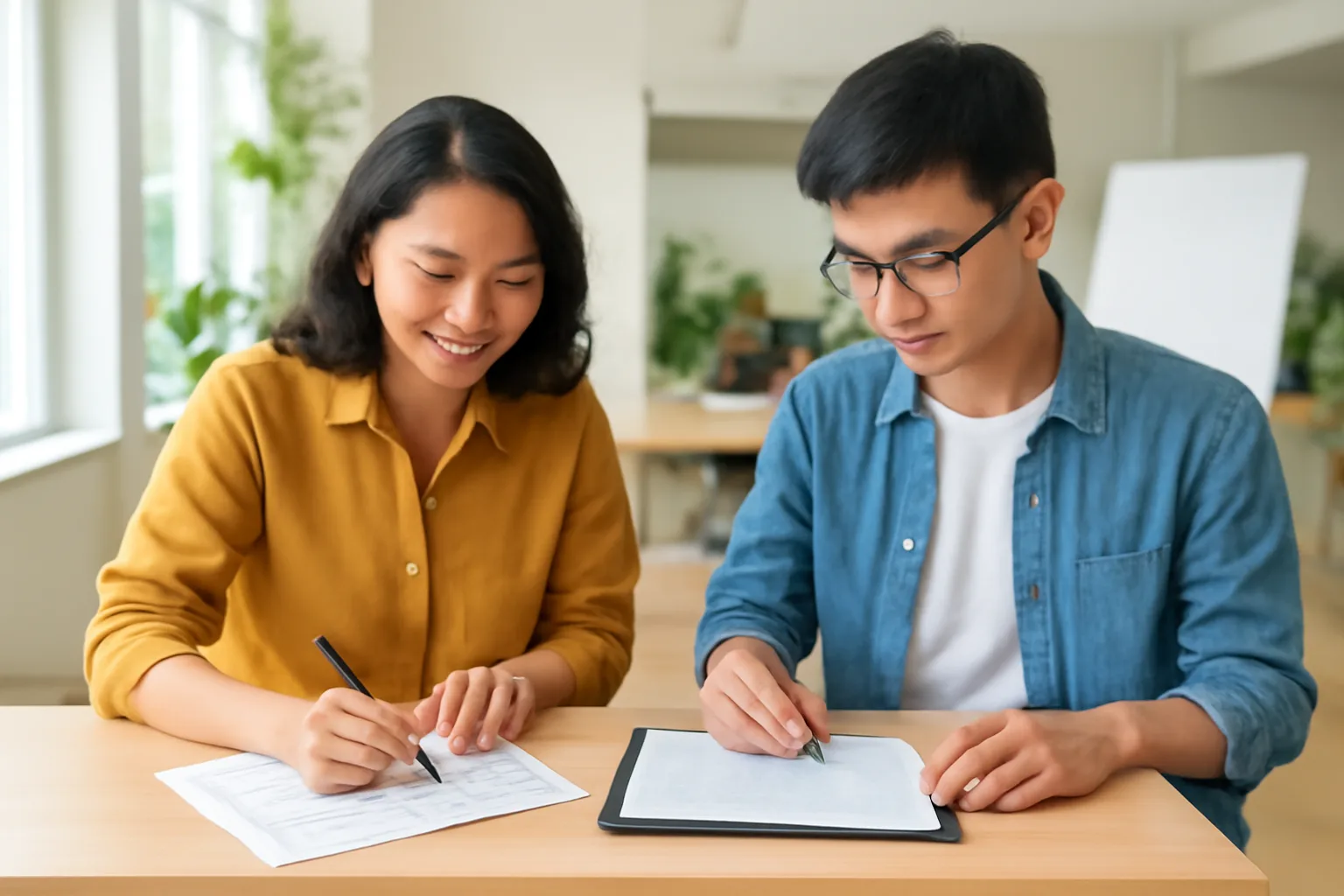 Nhân viên tiếp thị và lập trình viên cùng xem bản phác thảo biểu mẫu website trên máy tính bảng