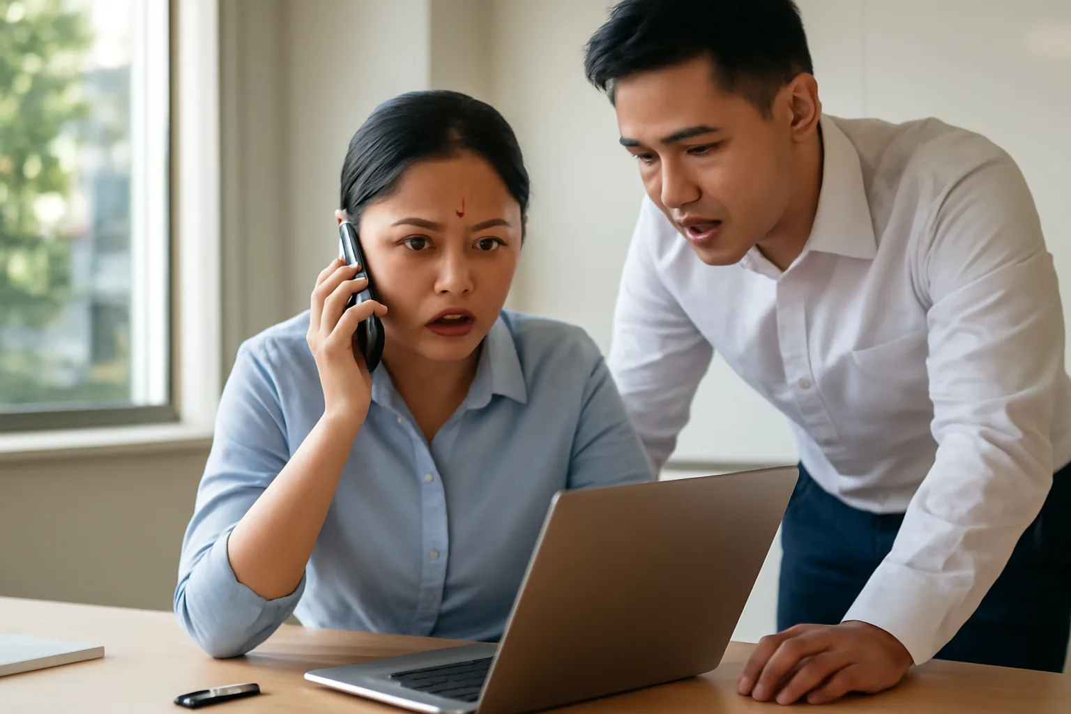 Nữ kế toán gọi điện thoại gấp bên máy tính xách tay và thiết bị chữ ký số trong văn phòng chiều muộn