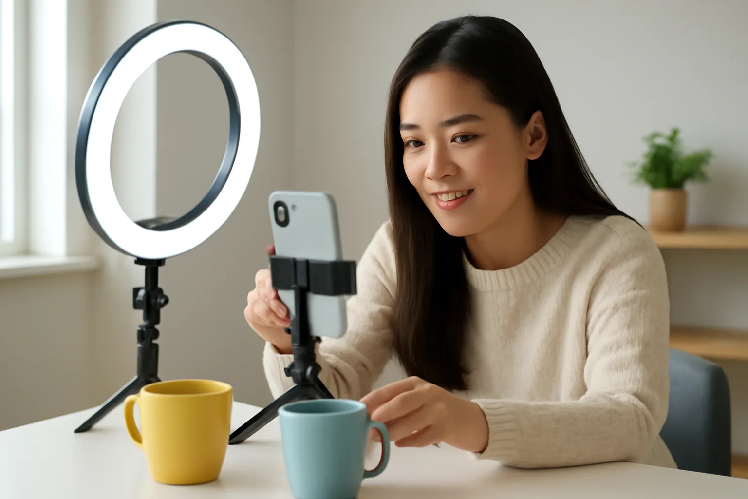 Nhân viên chụp ảnh sản phẩm trên bàn trắng để đăng bán trực tuyến