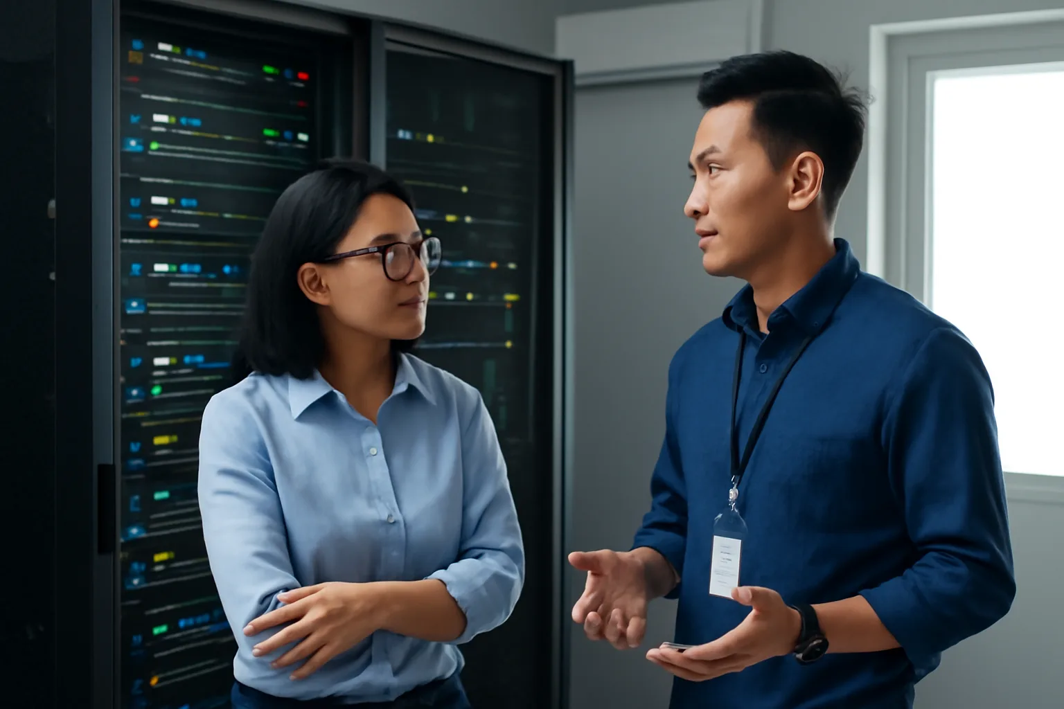 Trưởng nhóm kỹ thuật và kỹ sư bảo mật trao đổi trước tủ máy chủ trong phòng kỹ thuật