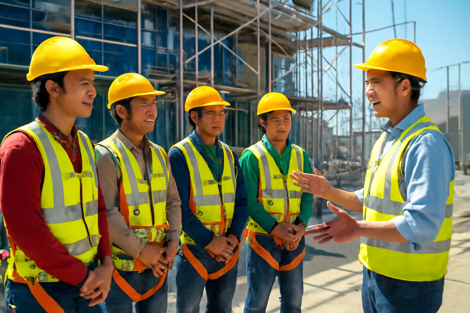 Tổ thợ xây đội mũ bảo hộ nghe chỉ huy công trường phổ biến trước giờ làm