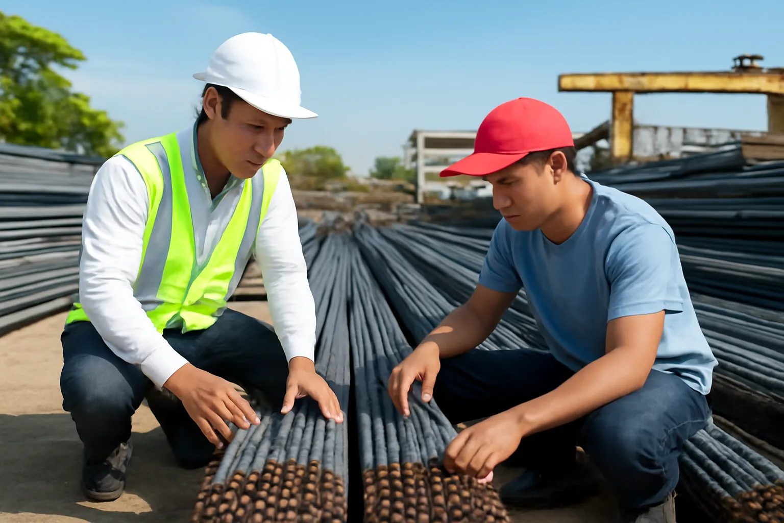 Kỹ sư công trường và nhà cung cấp vật liệu kiểm đếm thép tại bãi tập kết công trình