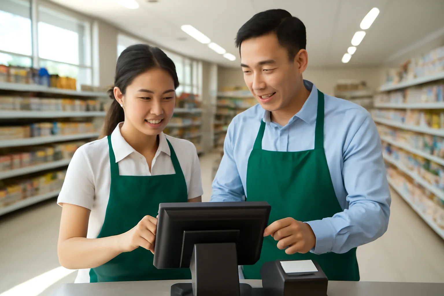 Quản lý cửa hàng hướng dẫn thu ngân dùng máy tính tiền mới trước giờ mở cửa