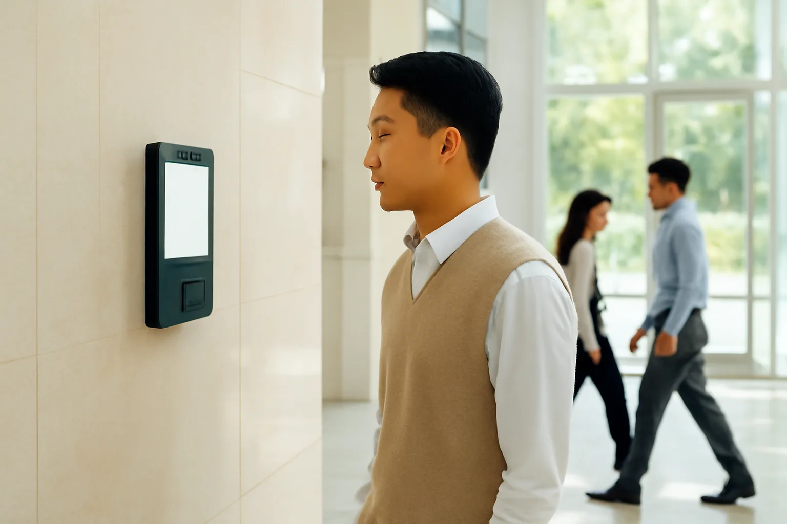 Nhân viên chấm công bằng máy quét khuôn mặt ở lối vào văn phòng
