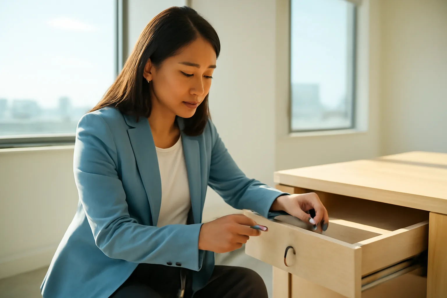 Giám đốc chuẩn bị hành lý công tác, đặt thiết bị chữ ký số lên bàn trước khi đi