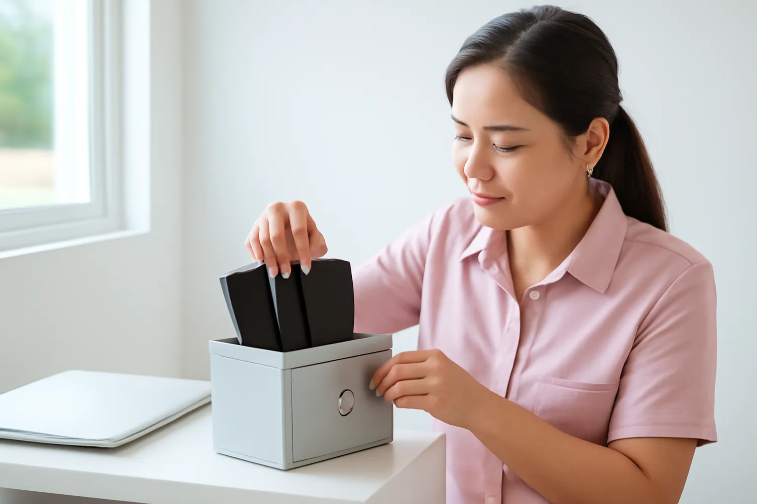 Nhân viên hành chính xếp các điện thoại công ty vào hộp khoá trên kệ văn phòng