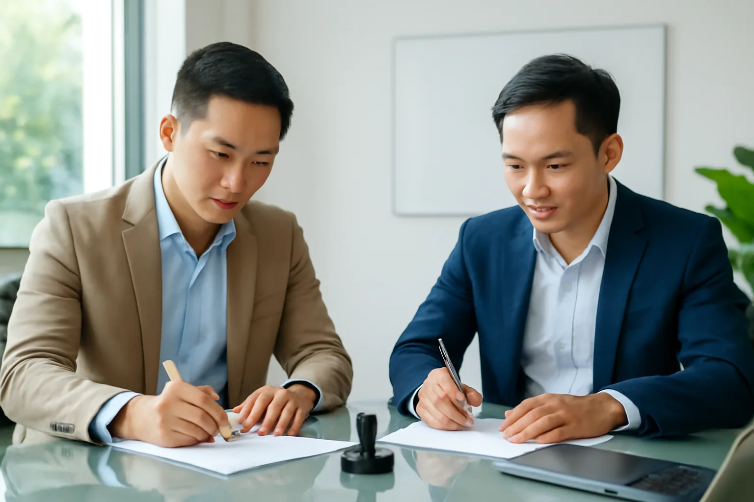 Hai thành viên góp vốn ký biên bản trên bàn họp, bên cạnh là máy tính xách tay và con dấu