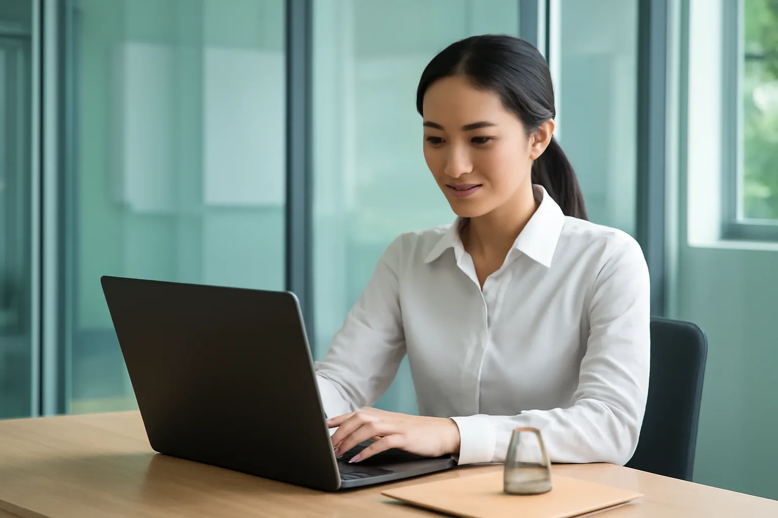 Nhân viên nhân sự chuẩn bị tệp dữ liệu trên máy tính trong phòng làm việc riêng