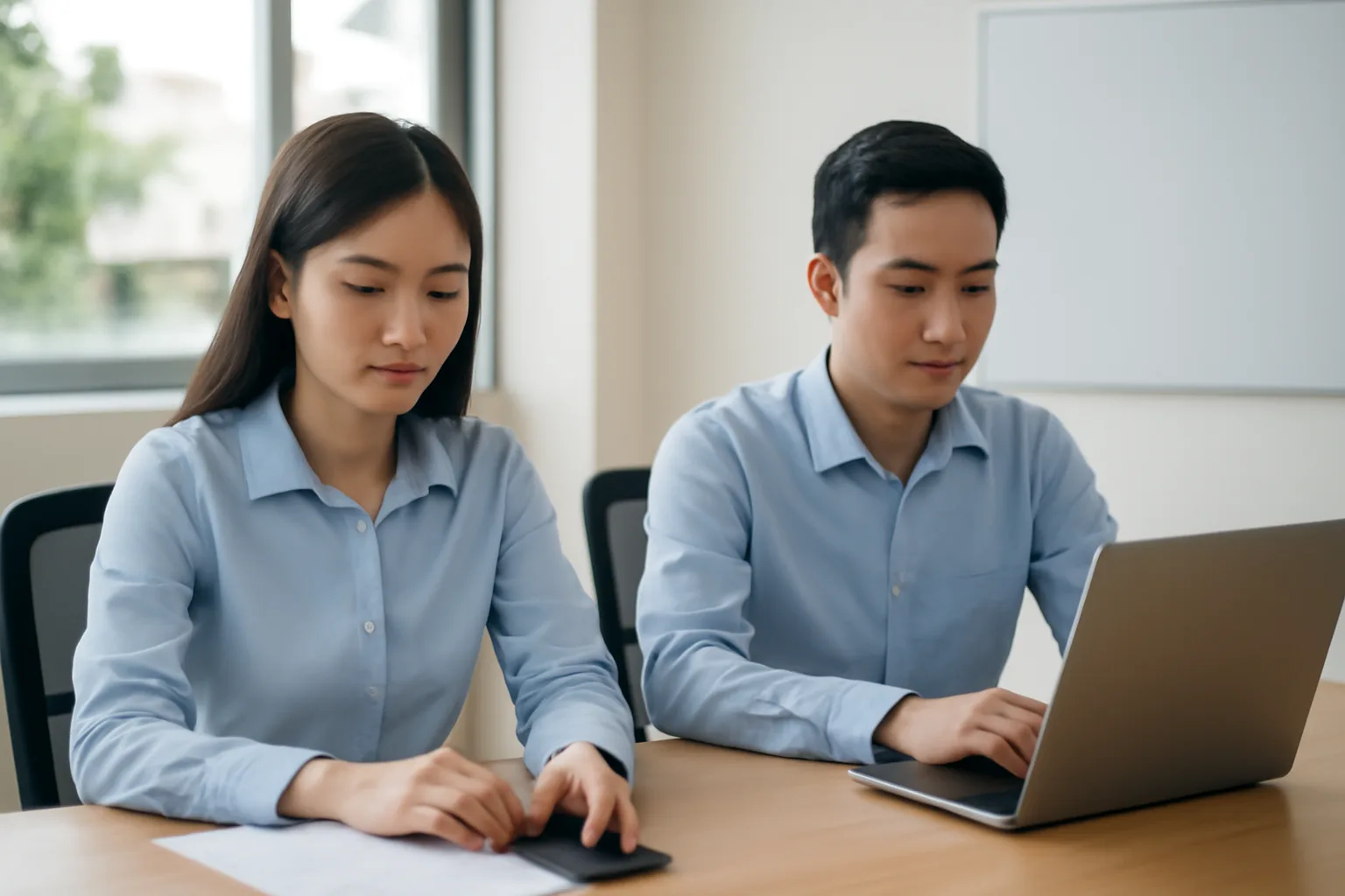 Nhân viên kế toán xem điện thoại trong khi đồng nghiệp đối chiếu danh sách khách hàng trên máy tính