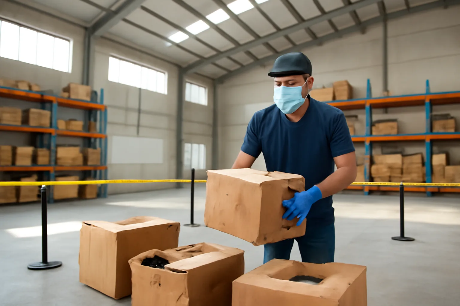 Nhân viên kho tách các thùng hàng hỏng sang khu vực riêng có dây ngăn