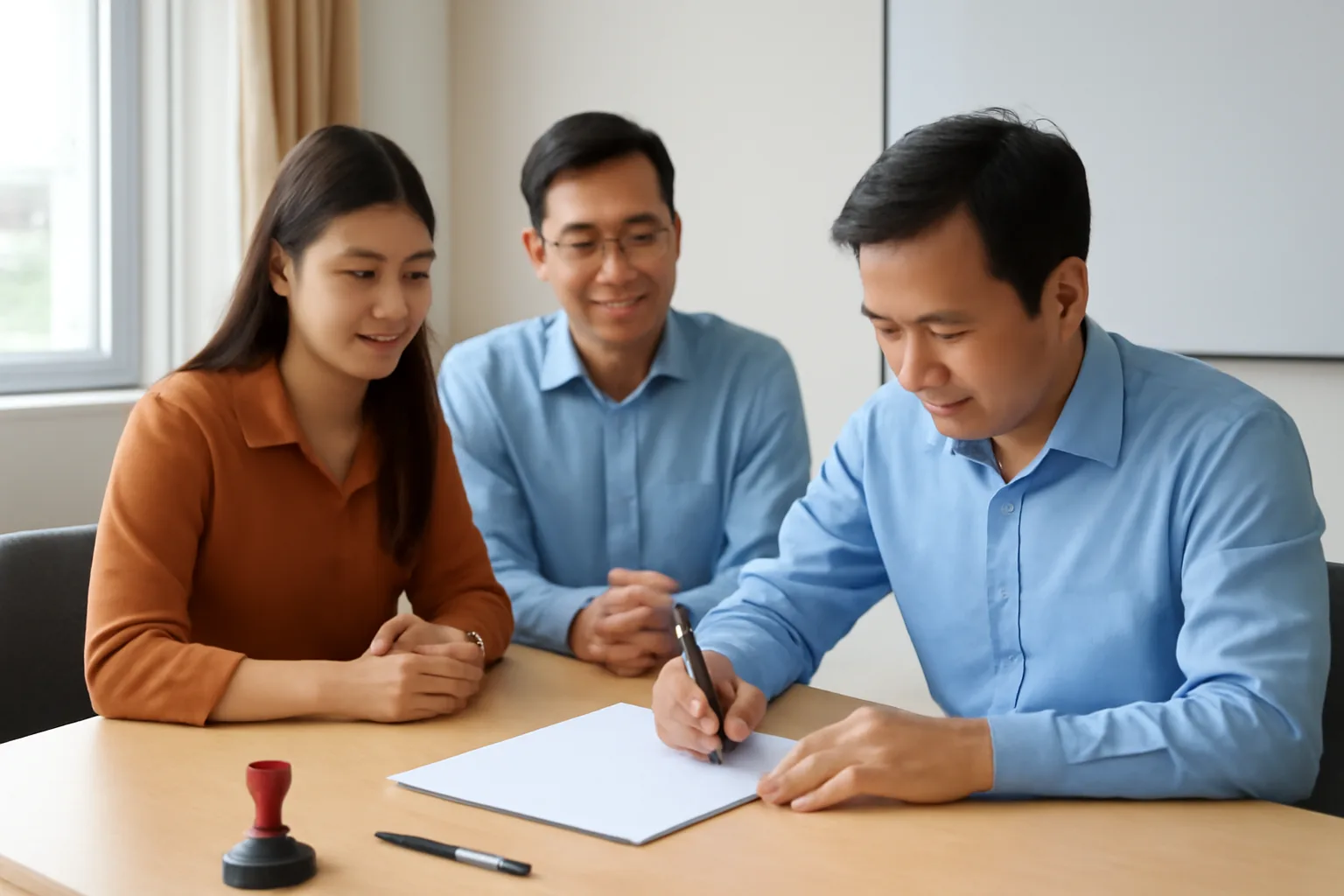 Thành viên công ty ký biên bản họp quanh bàn gỗ trong phòng họp nhỏ