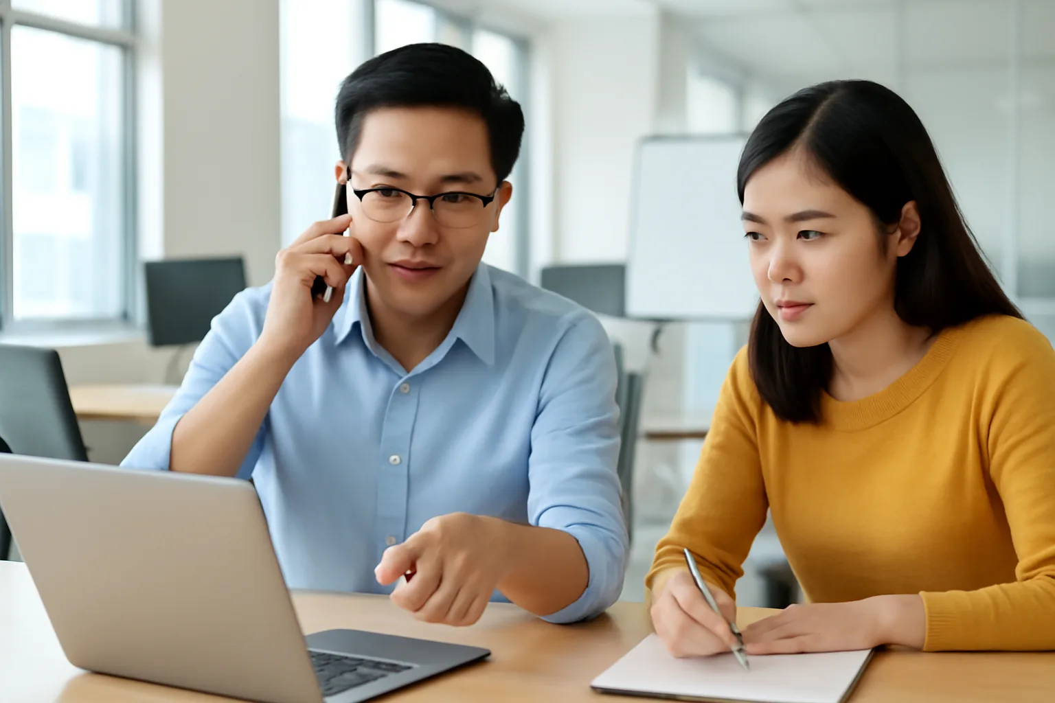 Kế toán gọi điện cho khách hàng xác nhận thông tin trong lúc đối chiếu hoá đơn trên máy tính