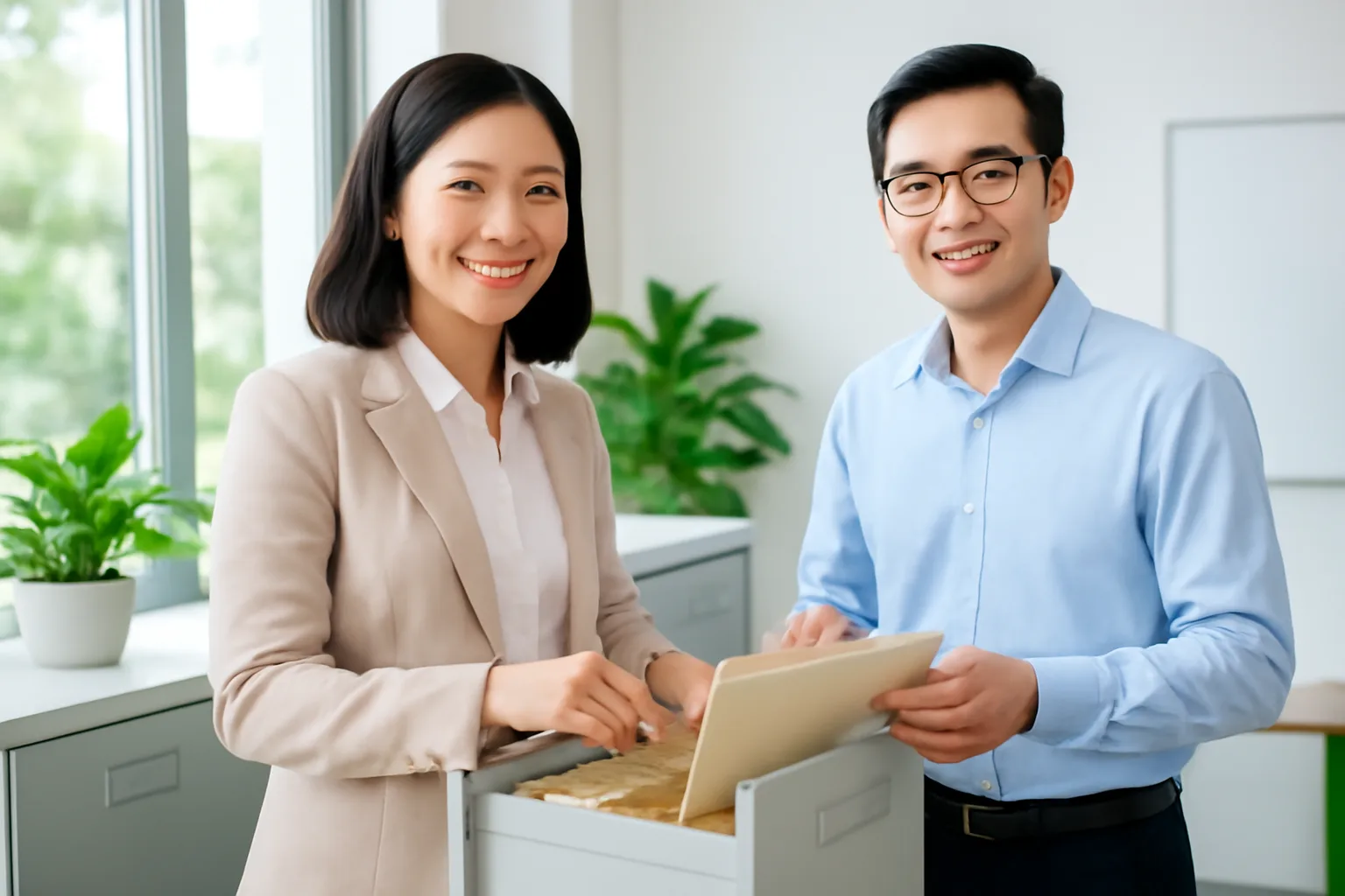 Trưởng phòng nhân sự và kế toán đối chiếu hồ sơ lao động bên tủ hồ sơ trong văn phòng