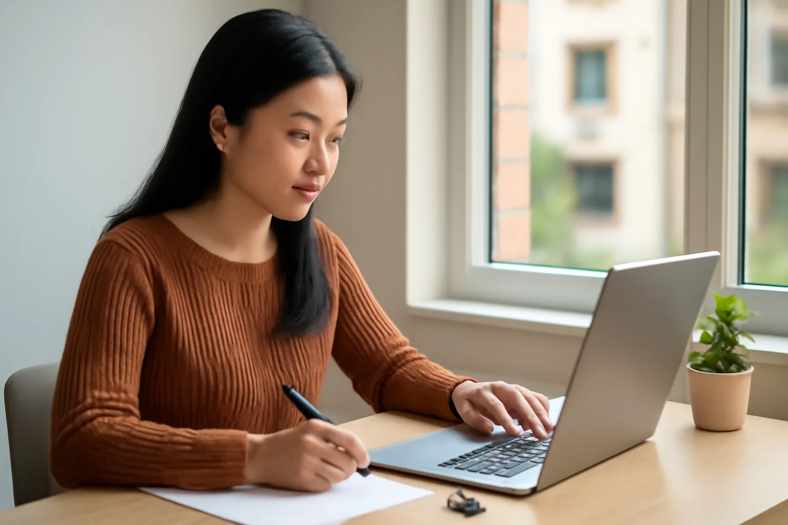 Nữ kế toán làm việc tại bàn nhỏ trong căn hộ với máy tính xách tay của công ty