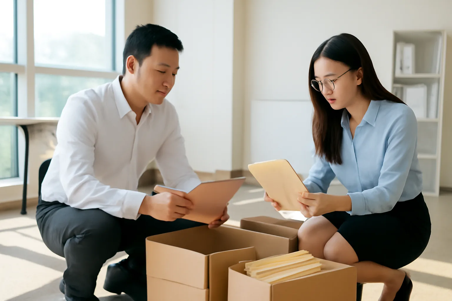 Giám đốc và kế toán mới cùng mở các thùng hồ sơ cũ để sắp xếp lại chứng từ