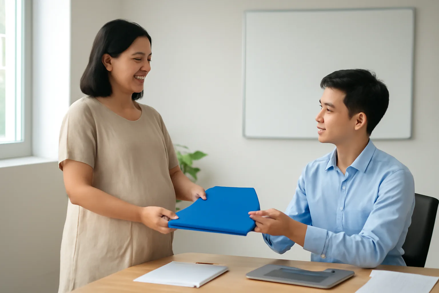 Nữ kế toán mang thai bàn giao hồ sơ cho đồng nghiệp tại bàn làm việc