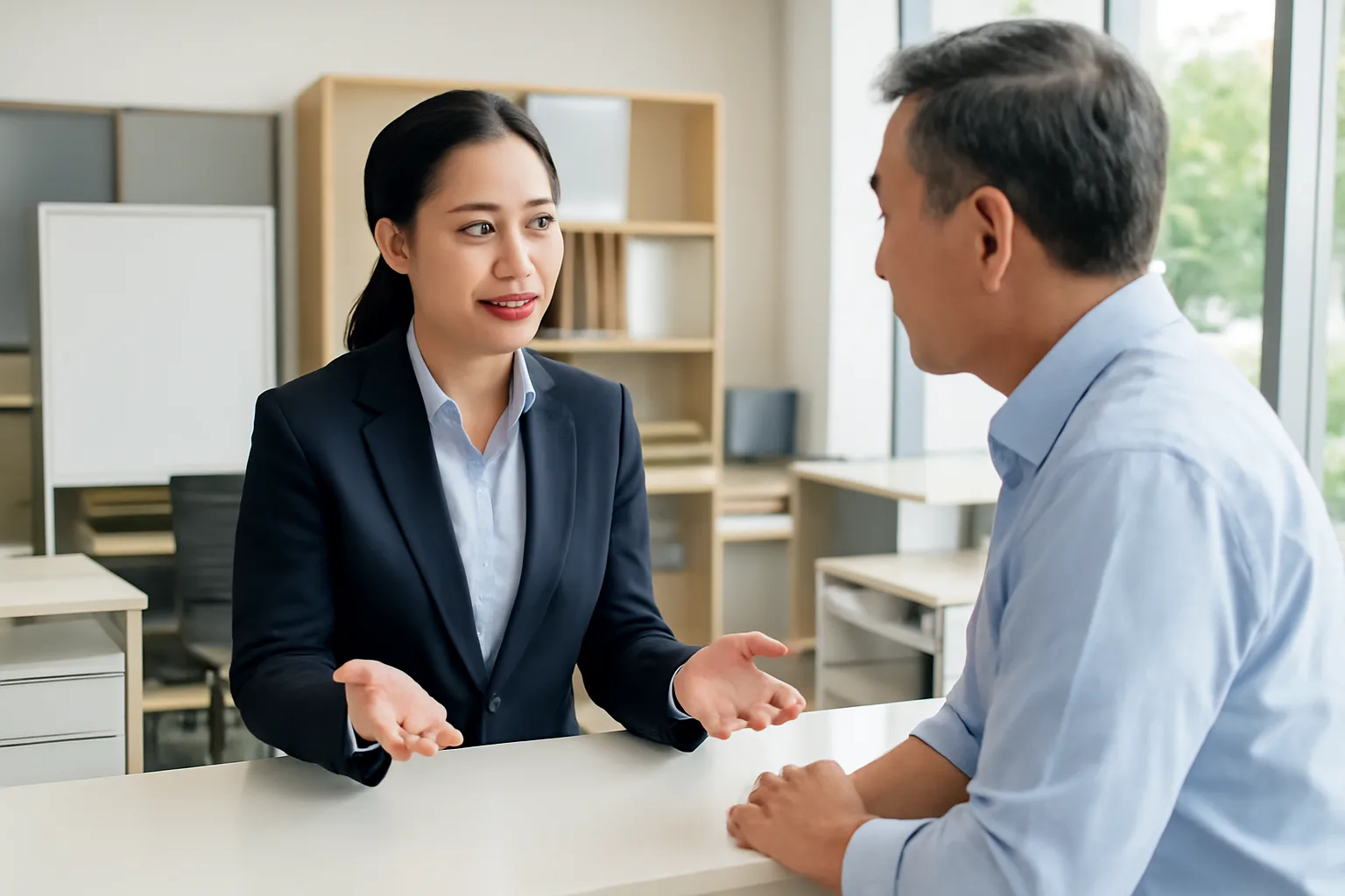 Nhân viên bán hàng lắc đầu nhẹ, mỉm cười giải thích với khách tại quầy