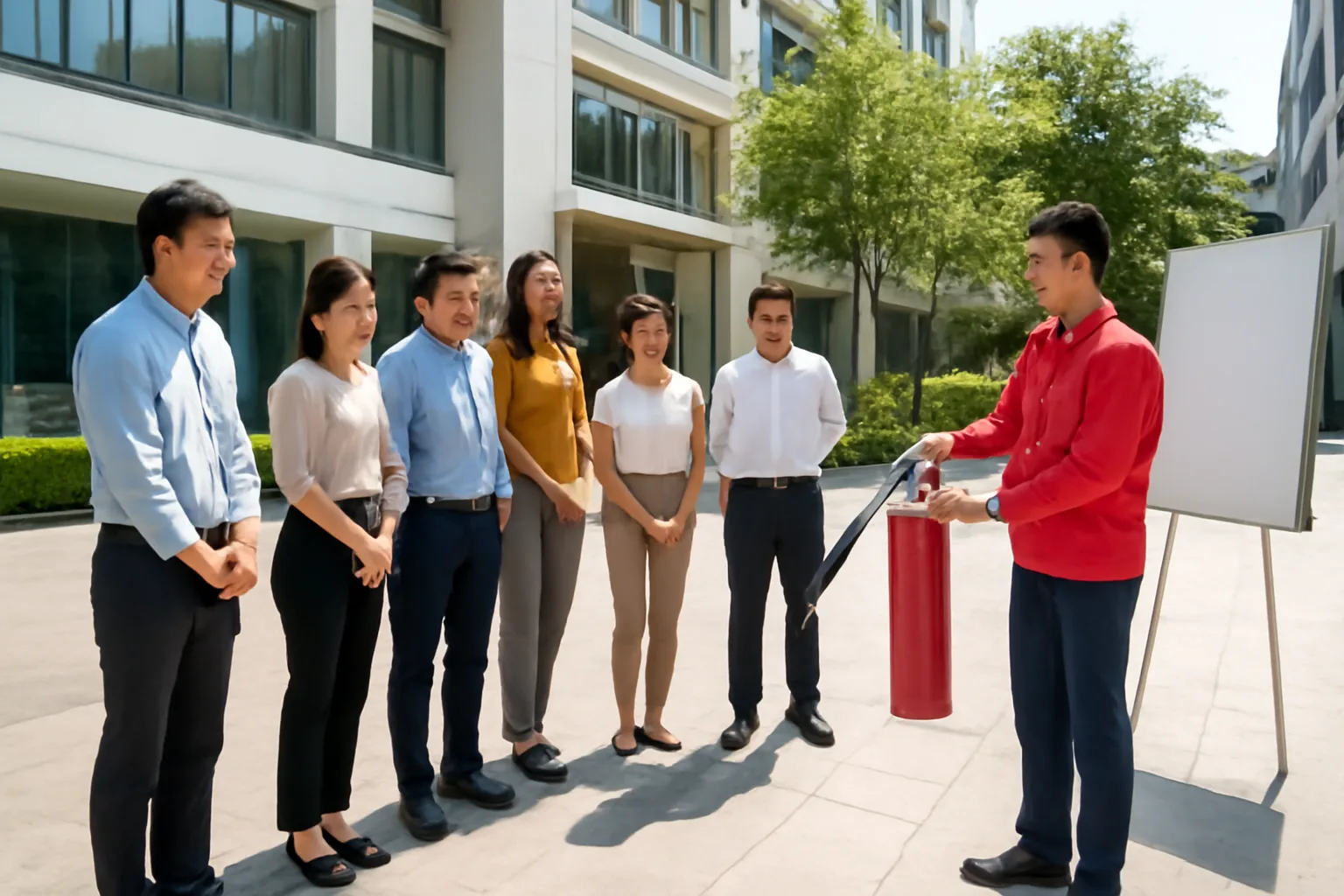 Nhân viên văn phòng tập sử dụng bình chữa cháy trong buổi huấn luyện ở sân toà nhà