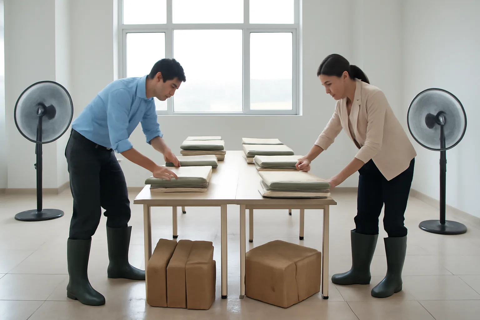 Nhân viên trải những tập hồ sơ ướt lên bàn dài trong phòng có quạt thổi