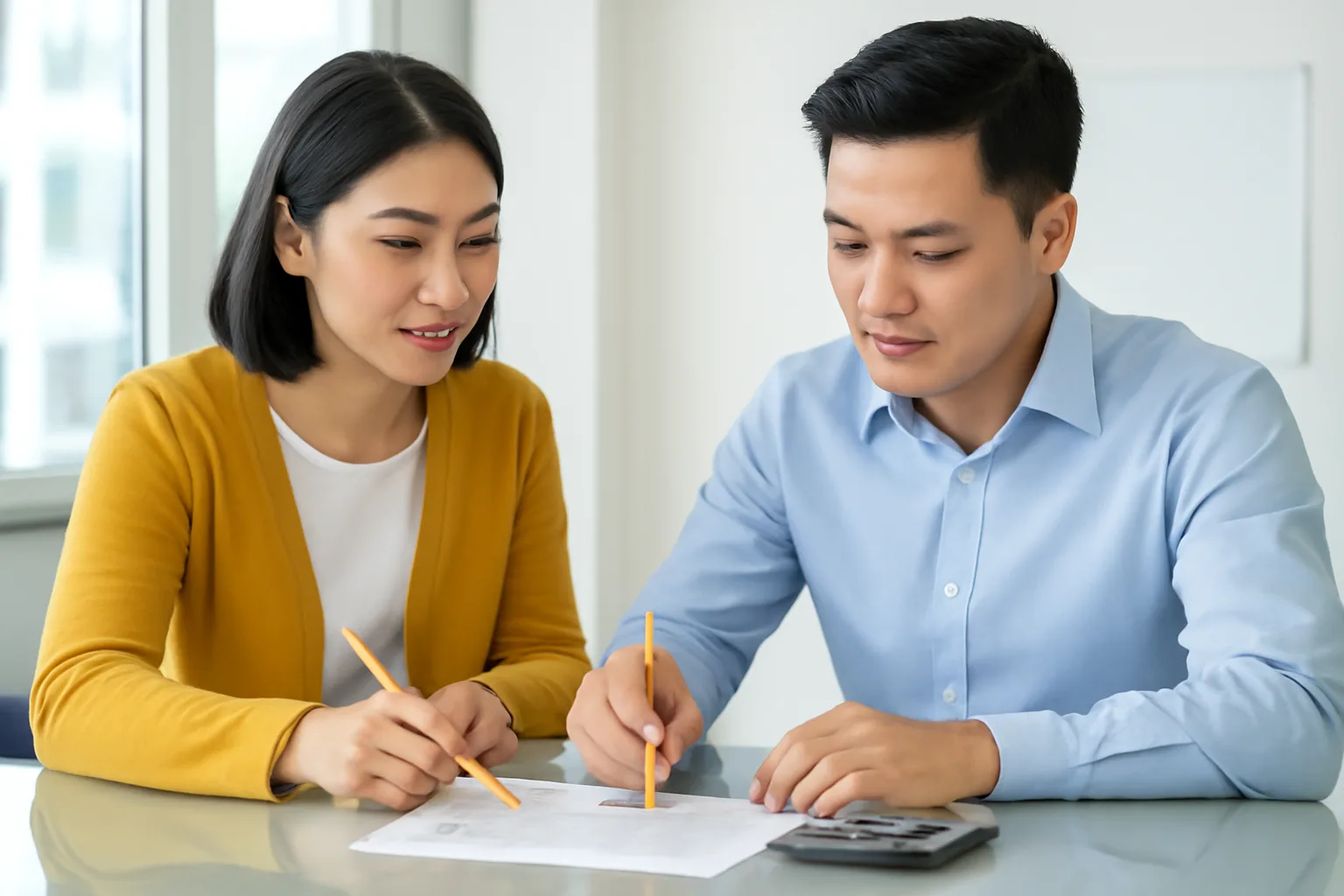 Chuyên viên nhân sự và kế toán cùng rà bảng lương in trên bàn họp
