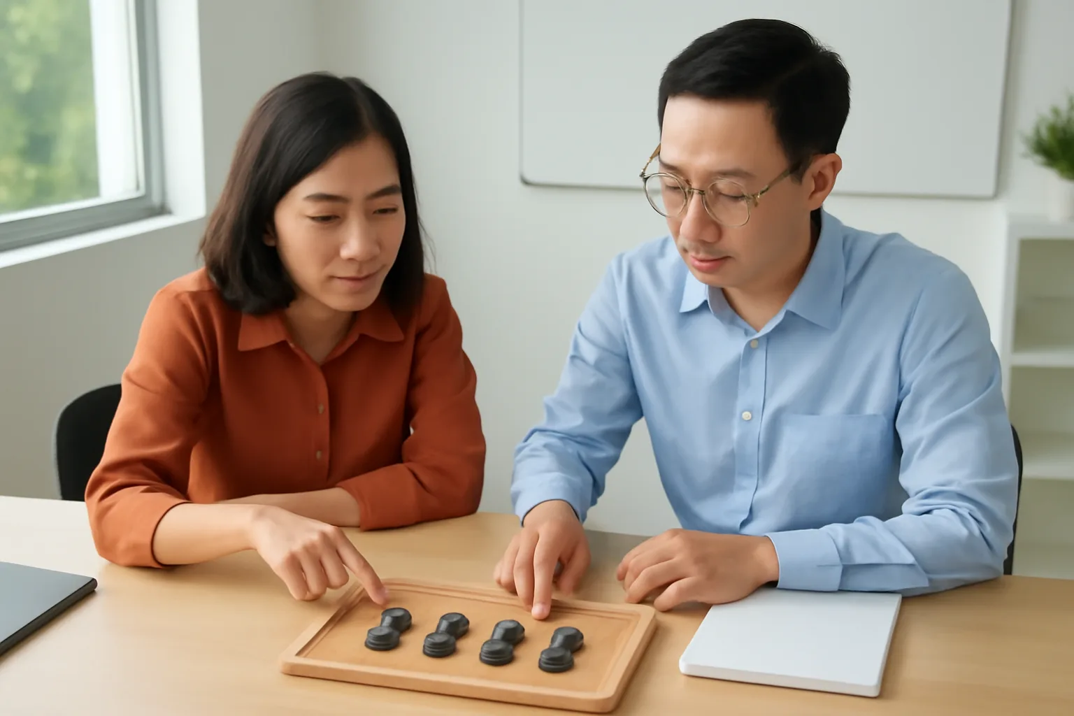 Giám đốc và kế toán cùng đối chiếu các thiết bị chữ ký số đặt trên khay trong phòng họp nhỏ