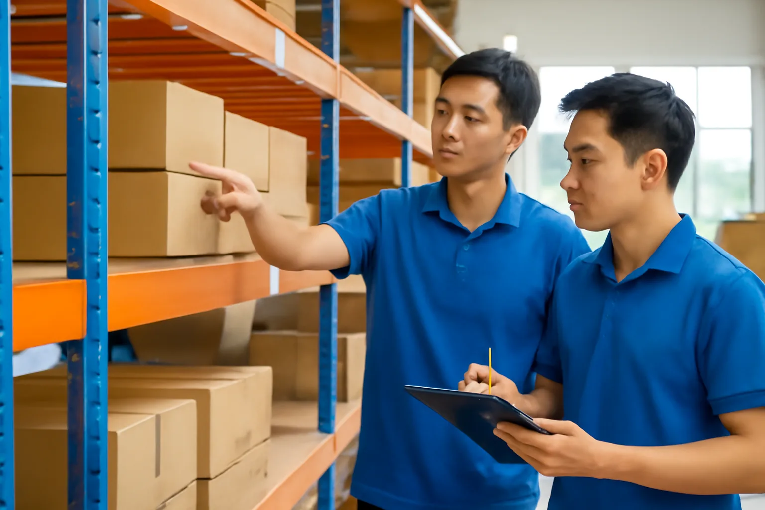 Hai nhân viên đếm hàng trên kệ, một người đếm một người ghi