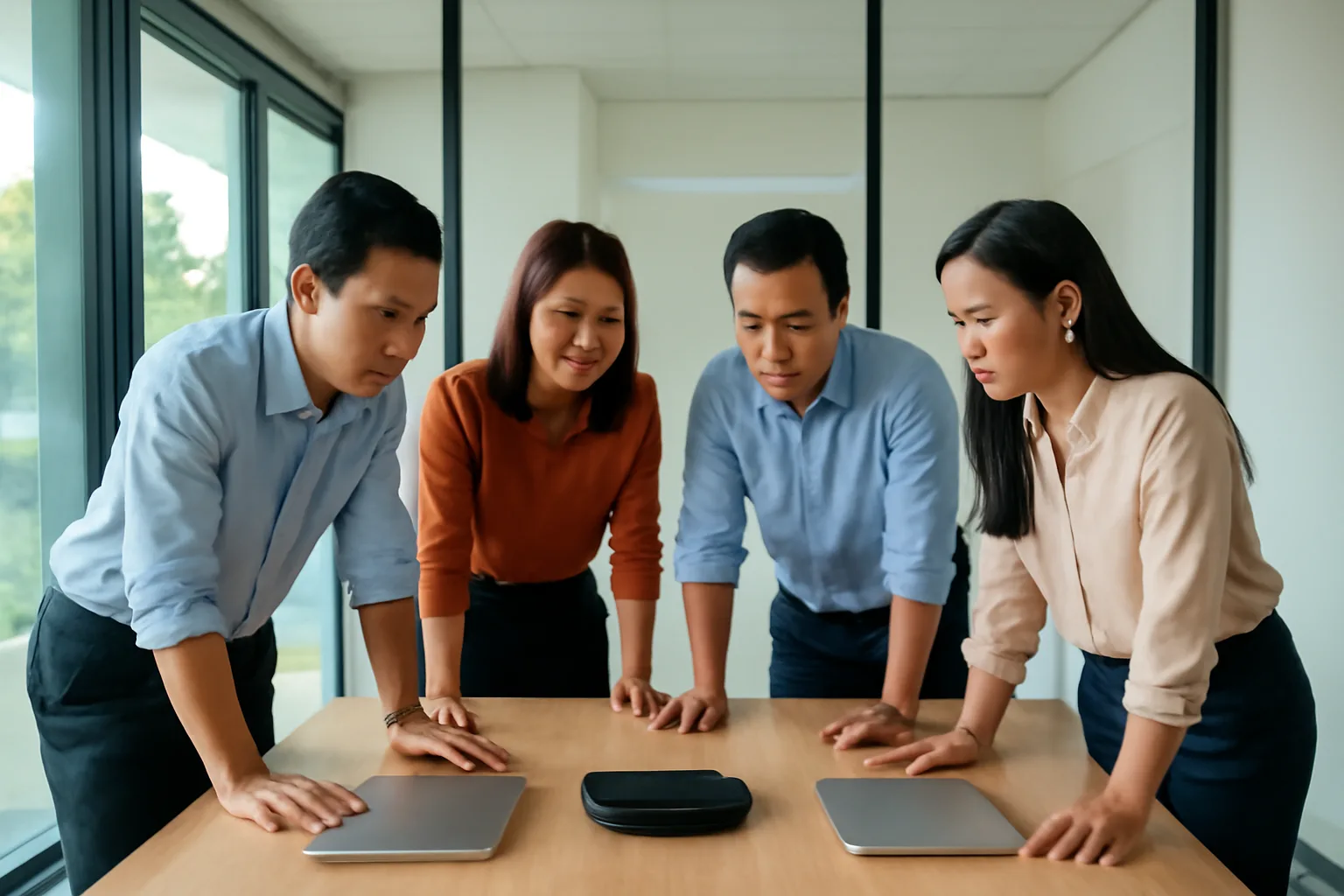 Nhóm nhỏ trong công ty họp khẩn quanh bàn để xử lý sự cố dữ liệu