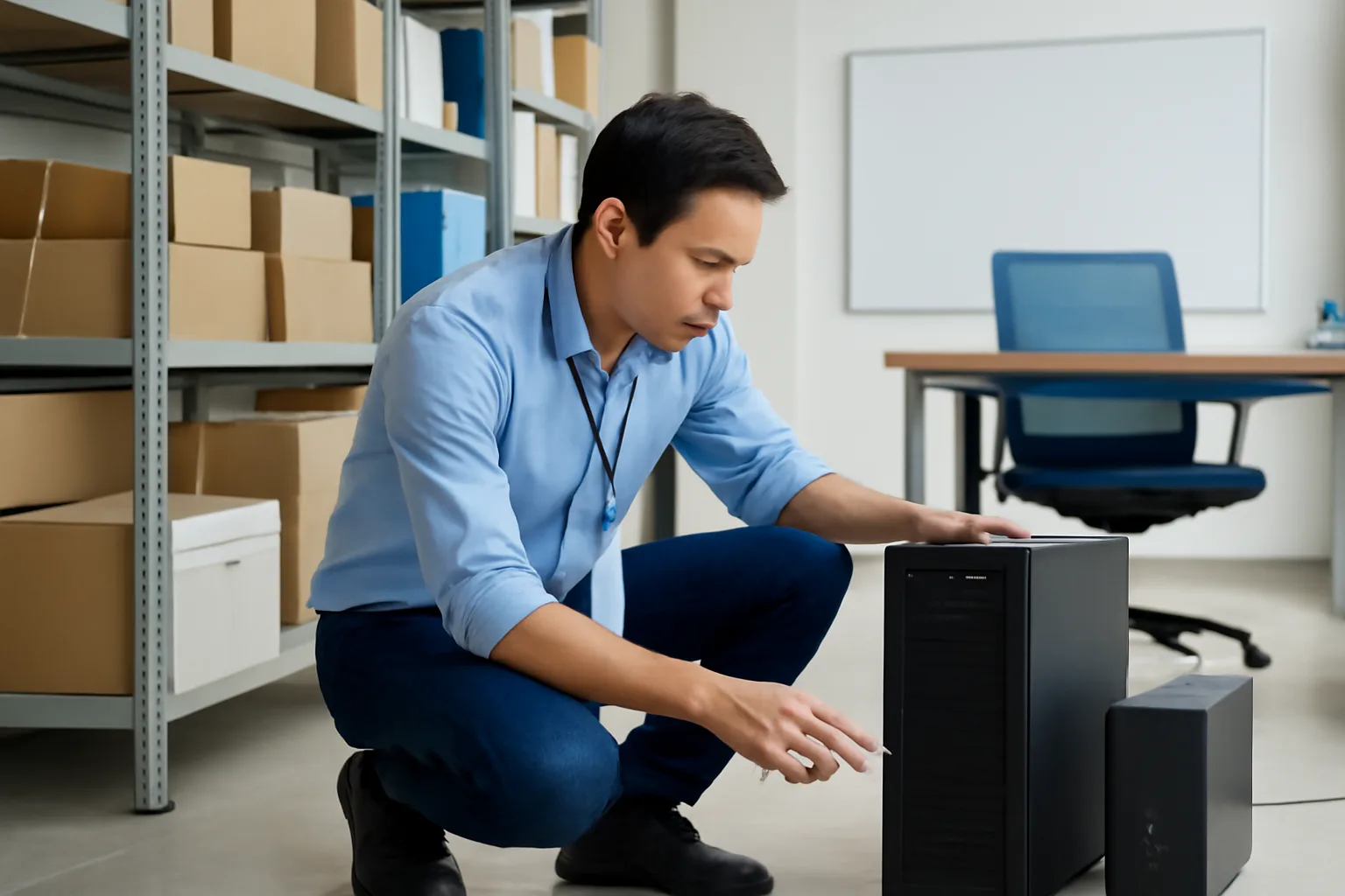 Nhân viên kỹ thuật kiểm tra máy chủ nhỏ đặt trong góc văn phòng cạnh bộ lưu điện