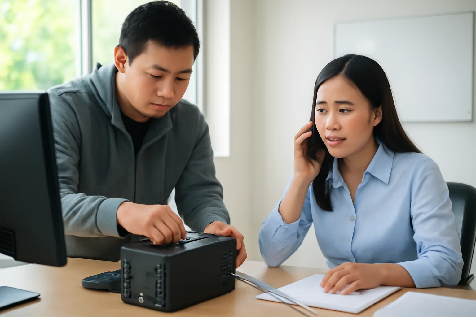 Nhân viên rút dây mạng khỏi máy tính trong khi đồng nghiệp gọi điện thoại