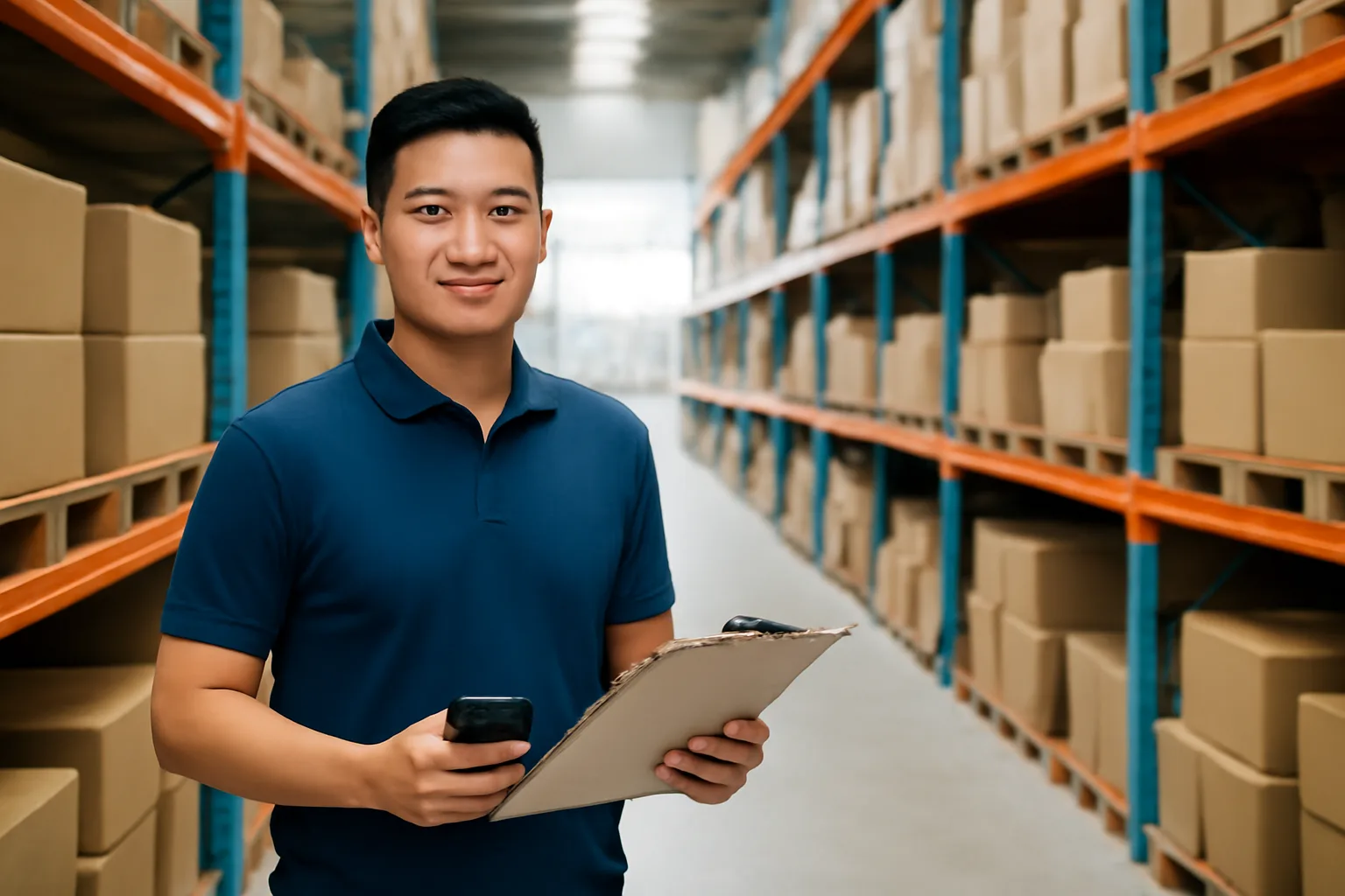 Nhân viên mua hàng kiểm tra lệnh chuyển khoản trên điện thoại cạnh xấp hoá đơn tại kho hàng