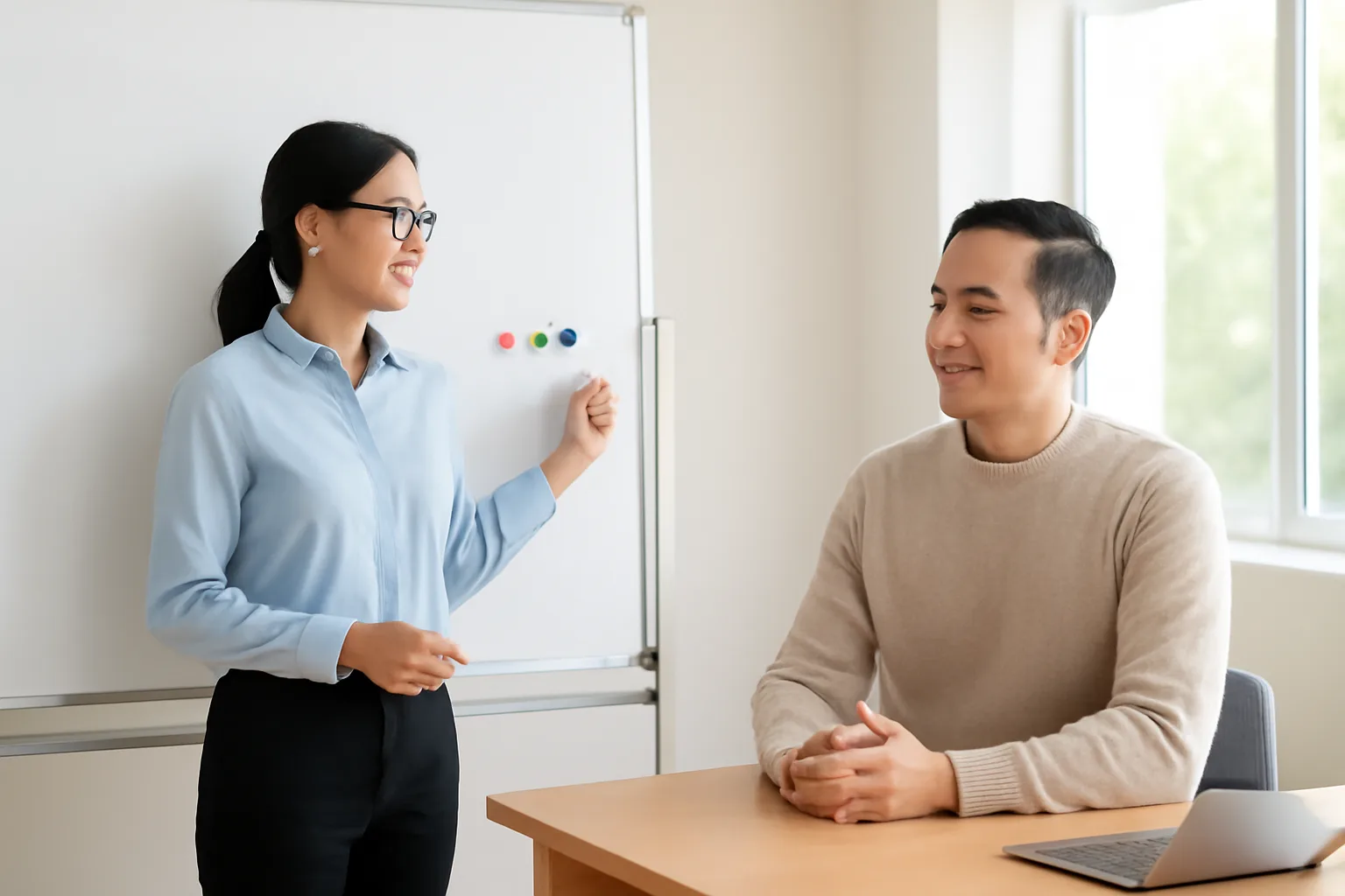 Chủ doanh nghiệp và kế toán rà danh sách khoản chi trên bảng trắng trong phòng họp cuối năm