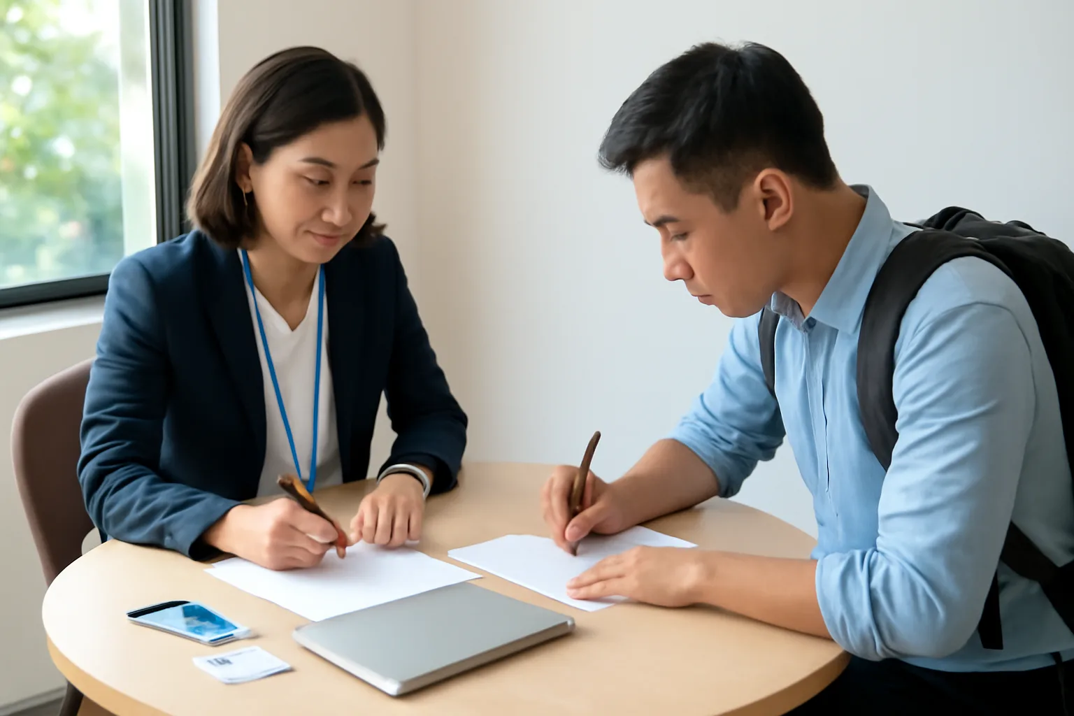 Trưởng phòng nhân sự và nhân viên nghỉ việc ký biên bản bàn giao tại bàn họp