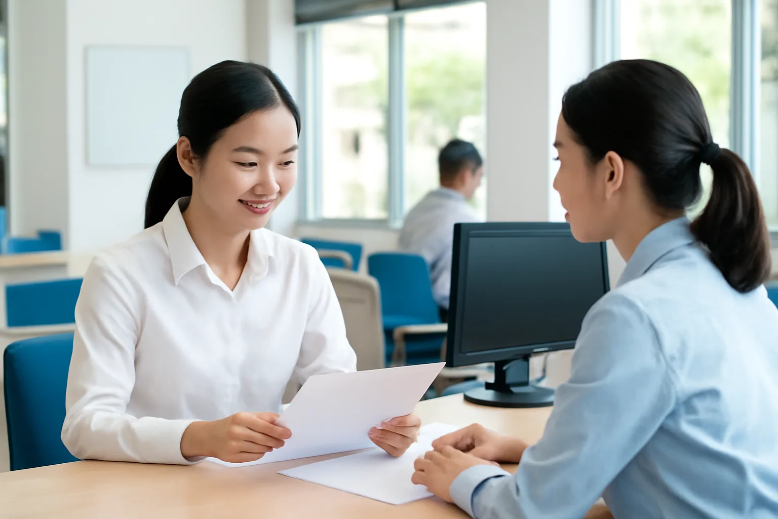 Nữ giám đốc trẻ ngồi đọc hồ sơ bảo hiểm tại quầy giao dịch của cơ quan bảo hiểm xã hội