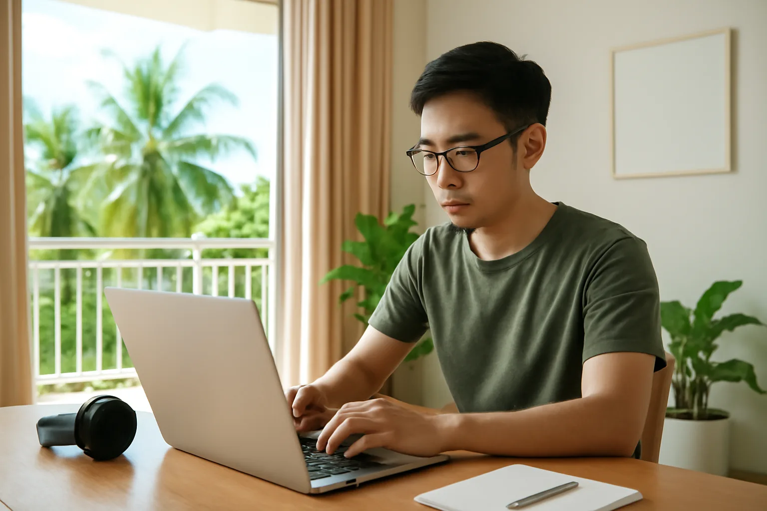 Lập trình viên làm việc tại bàn gỗ trong nhà riêng ở thành phố ven biển