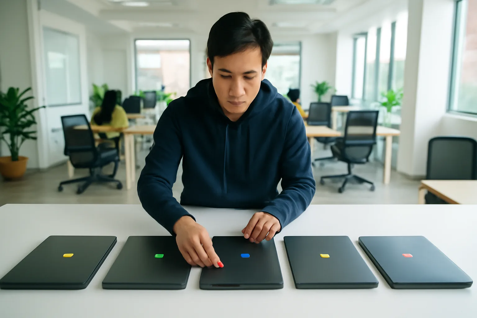 Nhân viên công nghệ kiểm kê phần mềm trên các máy tính xách tay của công ty