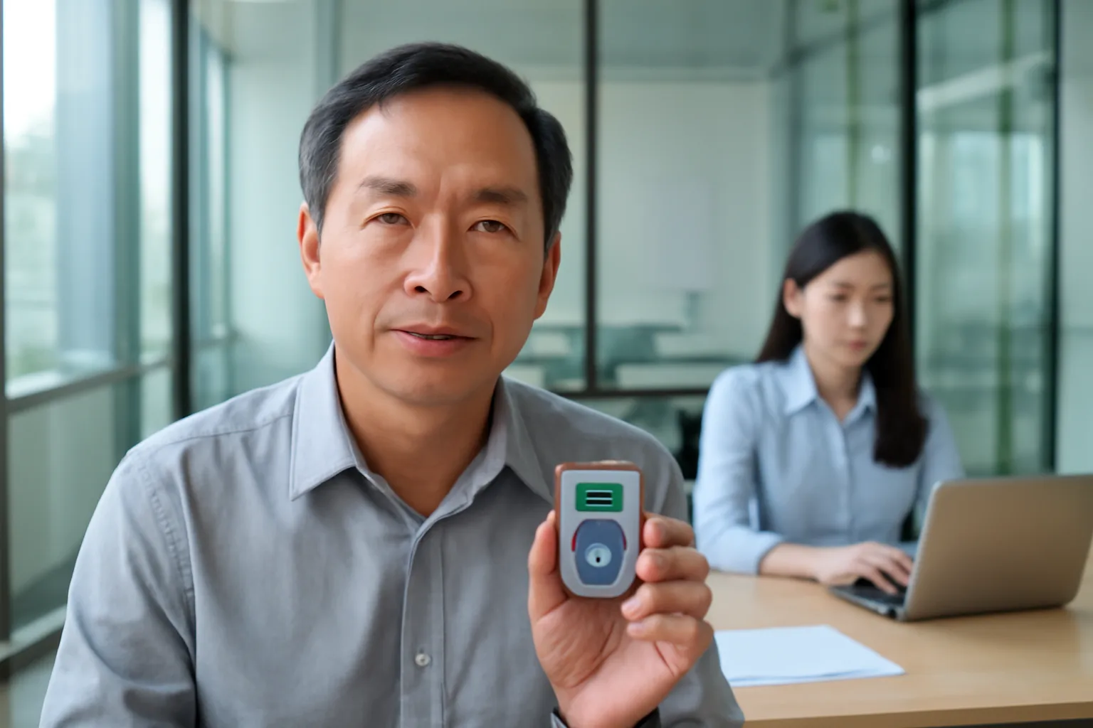 Giám đốc cầm thiết bị xác thực ngân hàng trong khi kế toán làm việc ở bàn phía sau