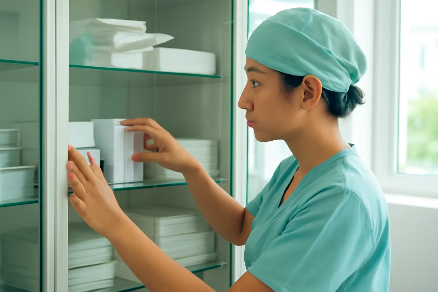 Điều dưỡng kiểm đếm vật tư tiêu hao trong tủ kho của phòng khám
