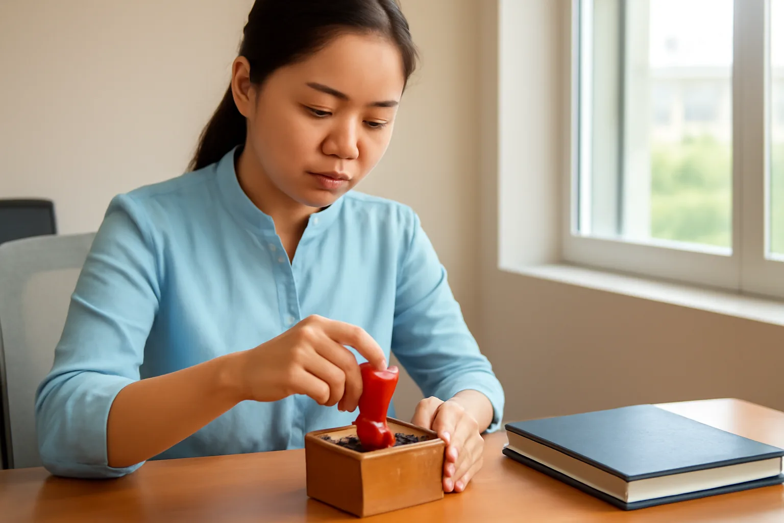 Nhân viên hành chính đặt con dấu vào hộp có khoá trên bàn, bên cạnh cuốn sổ theo dõi