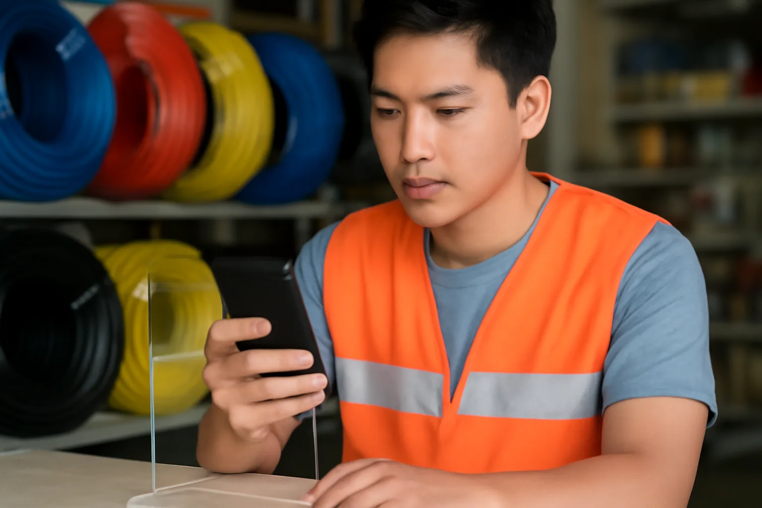 Tay nhân viên cầm điện thoại quét mã thanh toán tại quầy cửa hàng vật tư