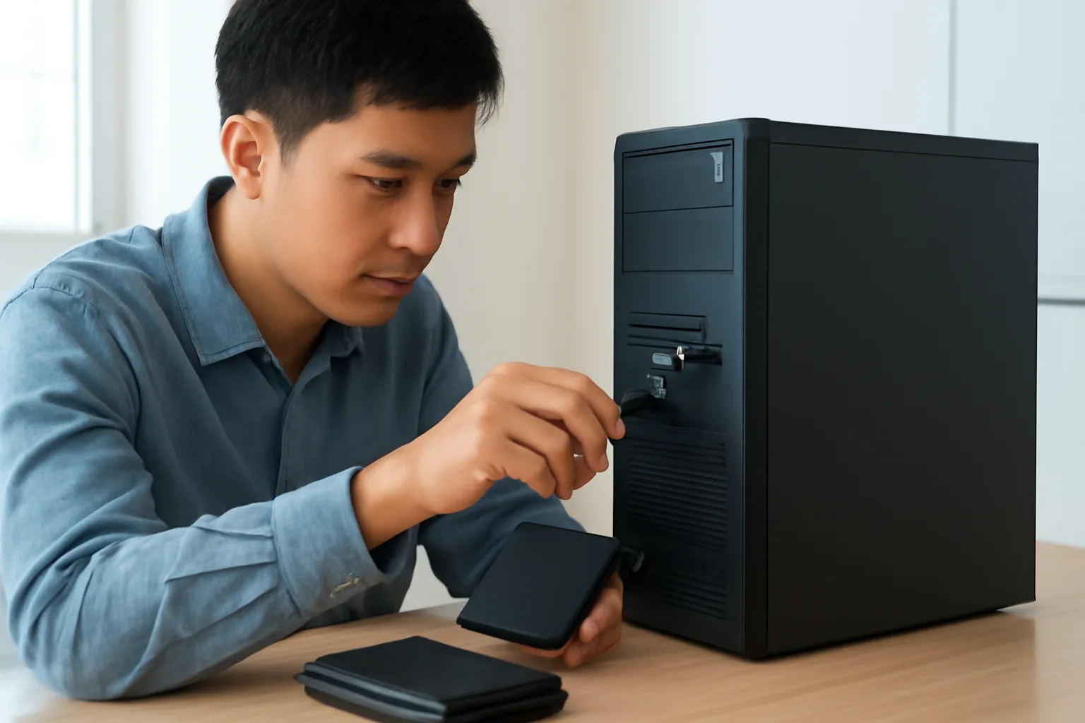 Nhân viên kỹ thuật cắm ổ cứng rời vào máy tính để sao lưu dữ liệu kế toán trong phòng làm việc