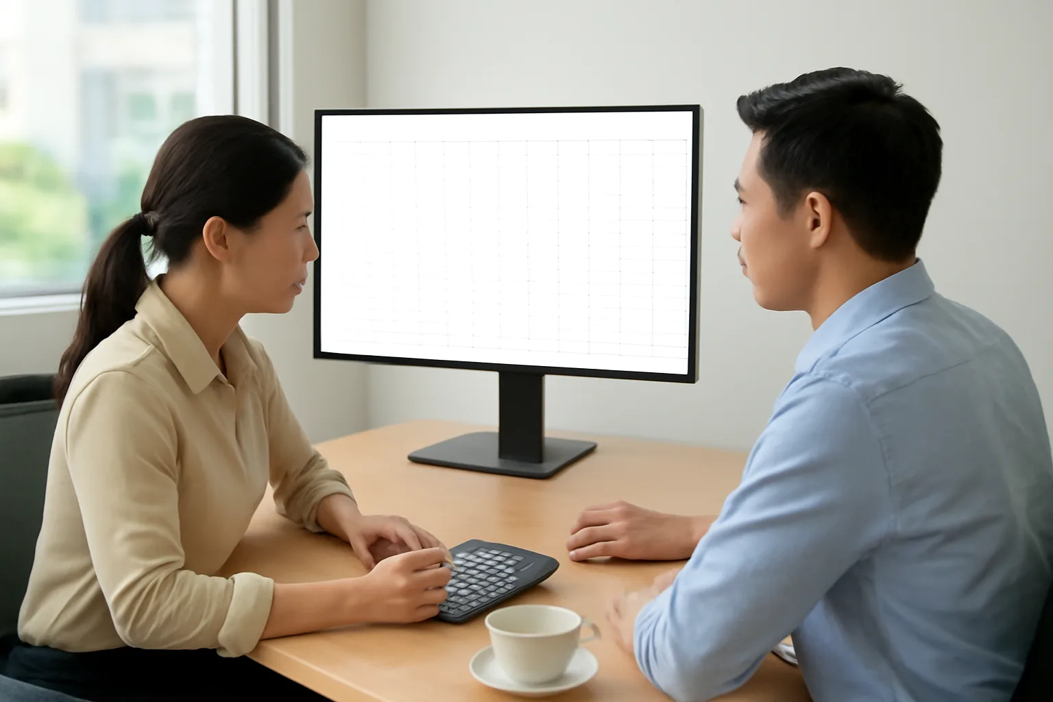 Kế toán trưởng và giám đốc cùng xem bảng ước tính lợi nhuận quý bên bàn làm việc