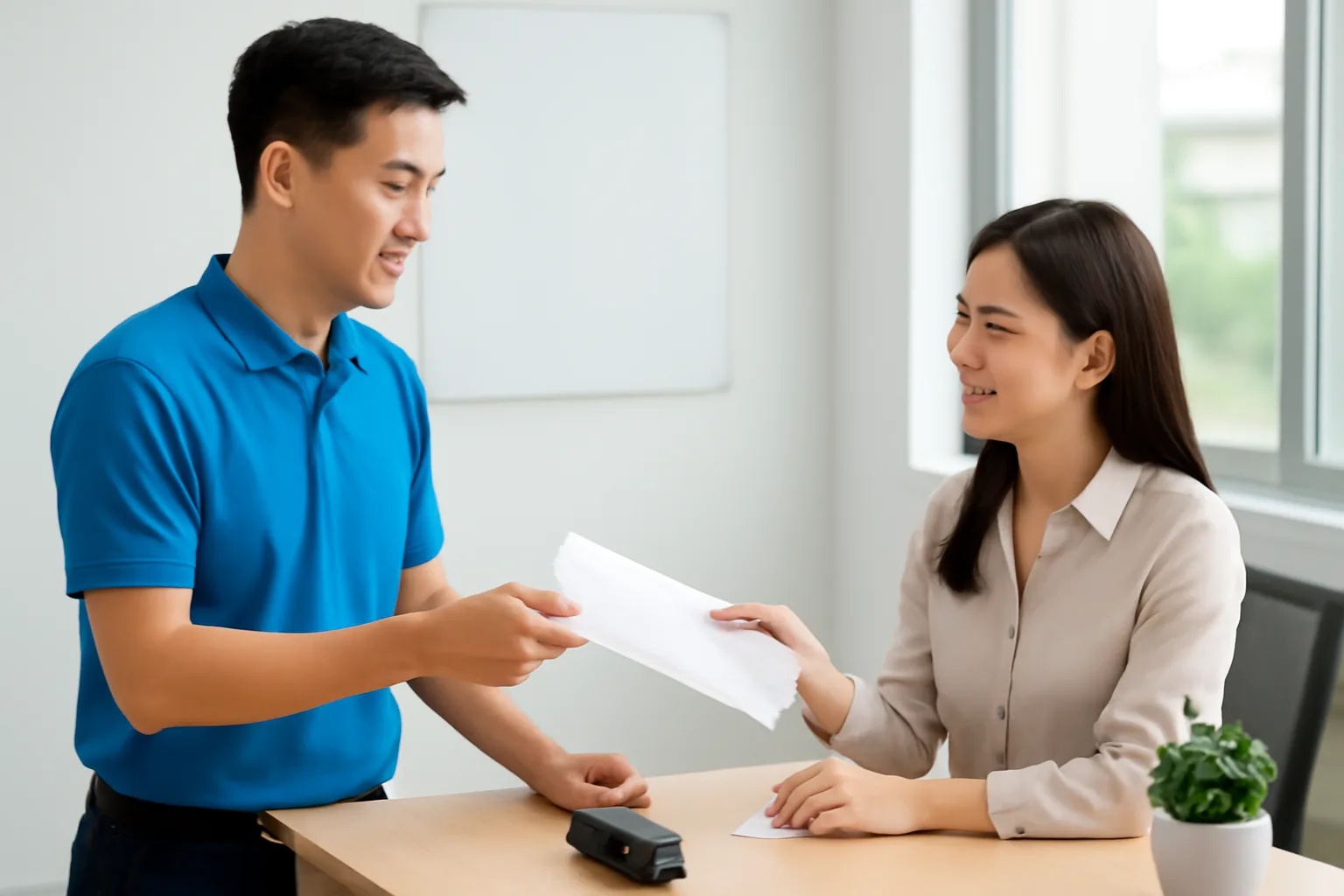 Nhân viên nộp xấp hoá đơn hoàn ứng cho kế toán tại bàn làm việc