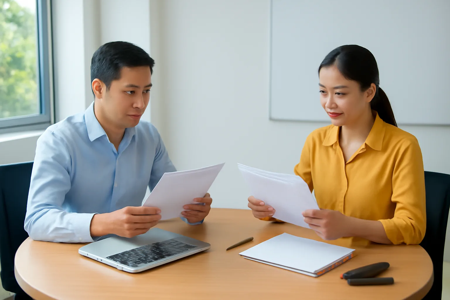 Kế toán hai công ty đối chiếu biên bản công nợ trên bàn họp, mỗi người một máy tính xách tay