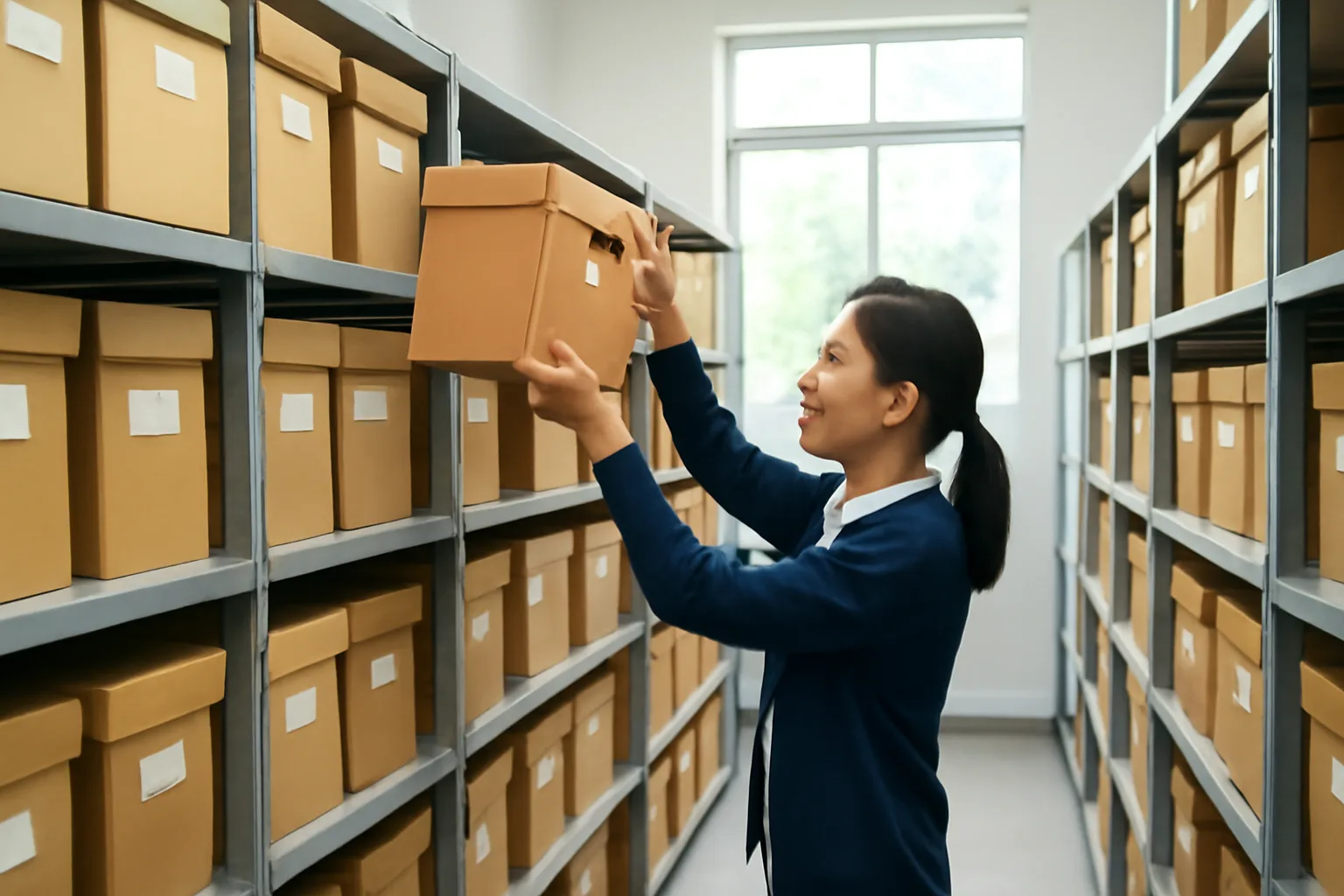 Nhân viên hành chính xếp các hộp hồ sơ lưu trữ lên giá sắt trong kho tài liệu sáng đèn