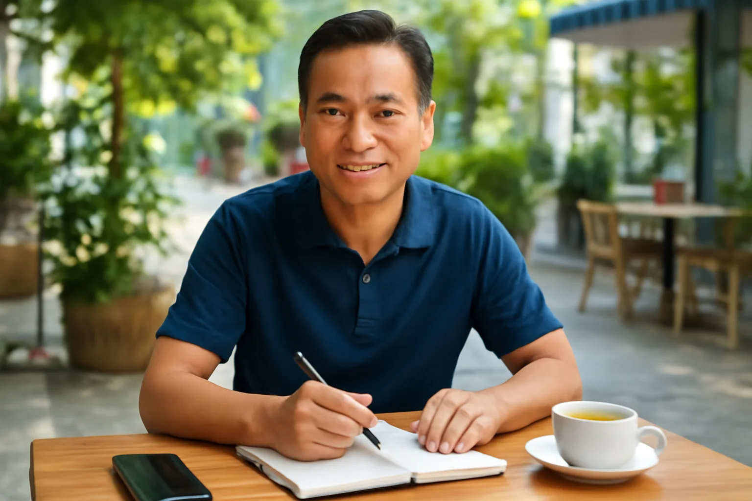Chủ doanh nghiệp xem điện thoại úp nửa trên bàn cạnh sổ tay và cốc trà buổi sáng