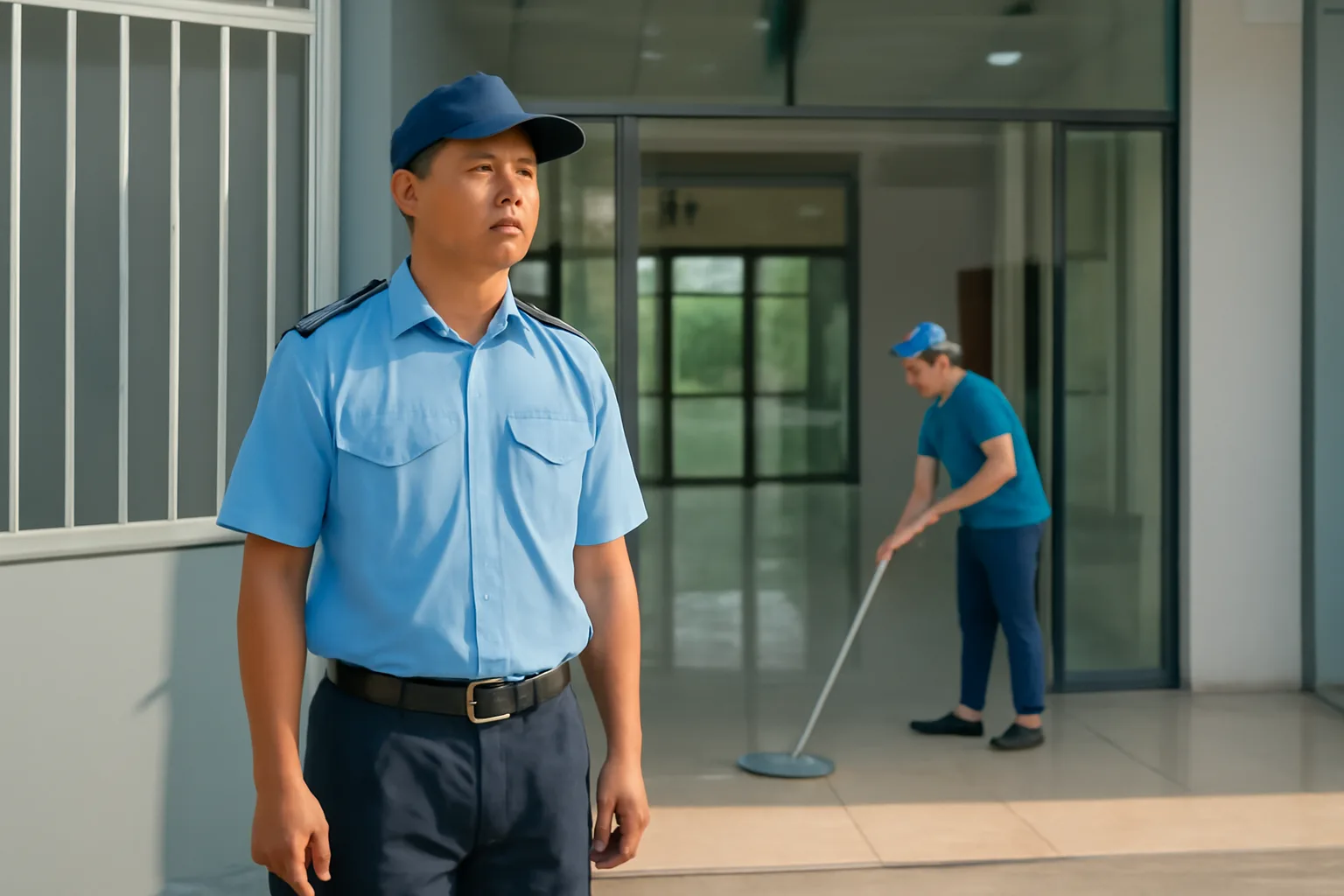 Nhân viên bảo vệ đứng ở cổng kho hàng trong khi nhân viên vệ sinh lau sảnh văn phòng