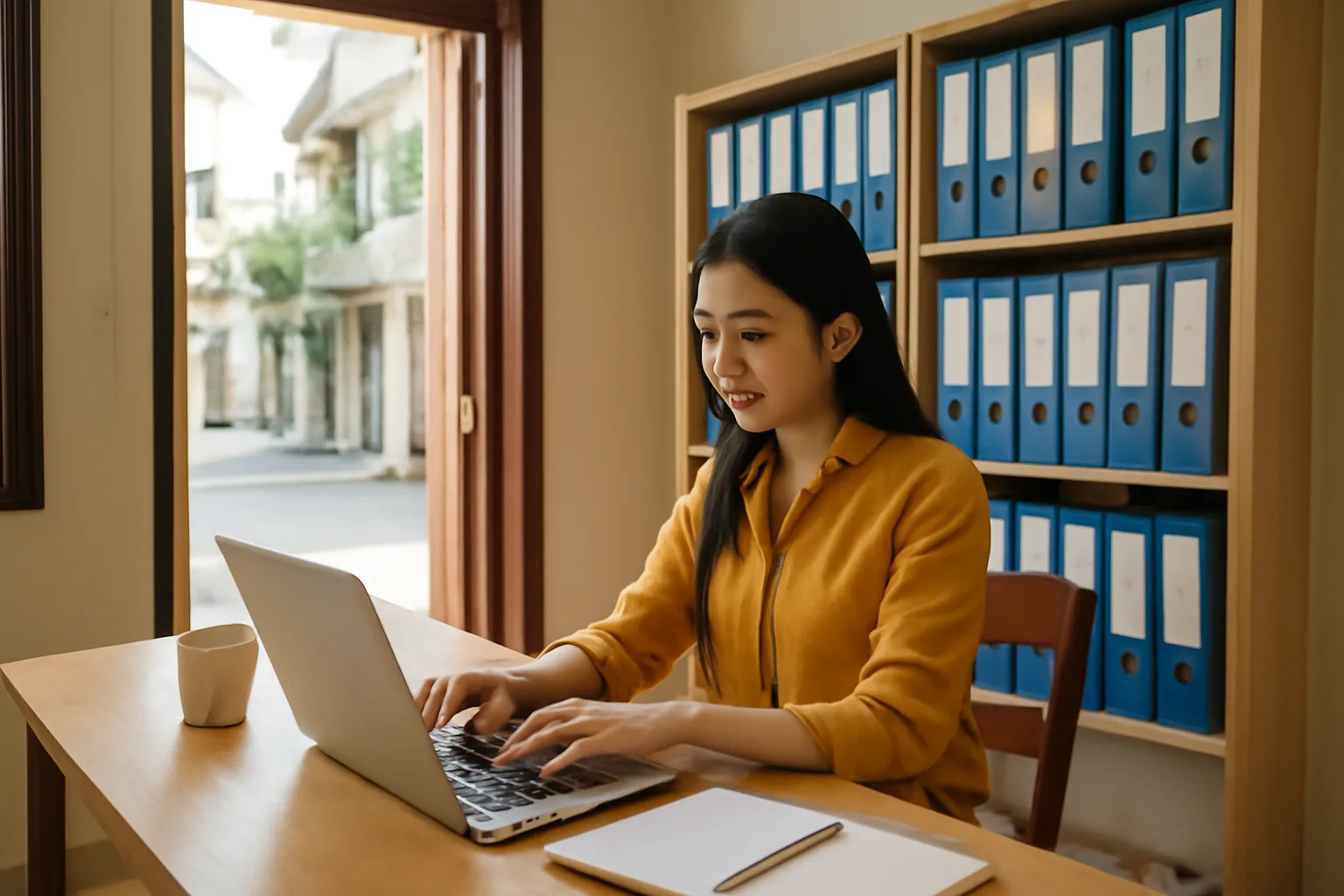 Giám đốc công ty nhỏ làm việc ở phòng khách được sắp xếp thành góc văn phòng tại nhà