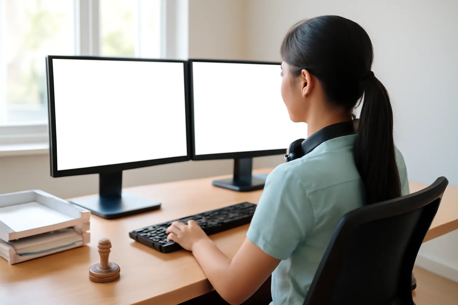 Kế toán kiểm tra hoá đơn điện tử nhận được trên hai màn hình tại bàn làm việc